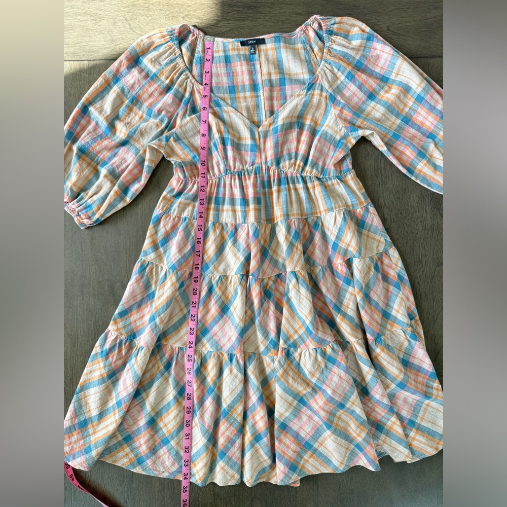 Drew Puff Sleeve Cottage Tiered Midi Dress Plaid Tan Pink Blue Multi Sz S - Picture 9 of 11